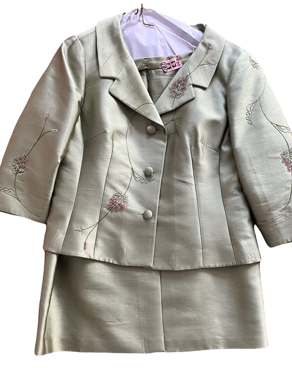 Rickie Freeman Embroidered Mint Green Skirt 3/4 sleeve Blazer Set Sz12 Silk/Wool